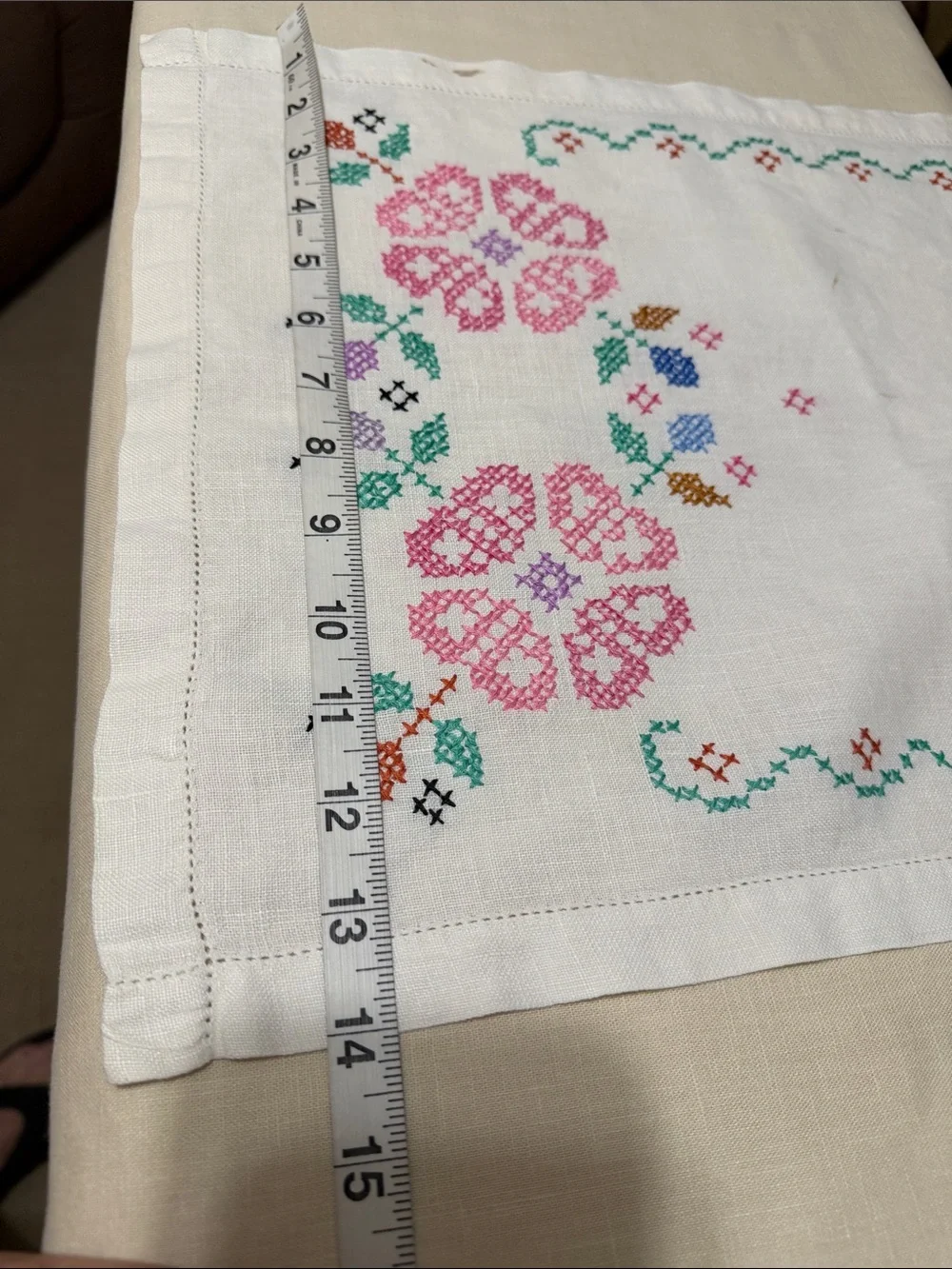 Embroidered Floral Linen Table Runner - Pink & Green